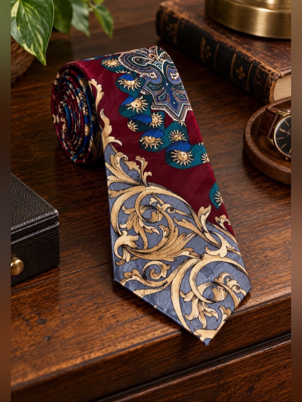 Barbara Blank New York Silk Tie Baroque Celestial Sun Paisley Burgundy
